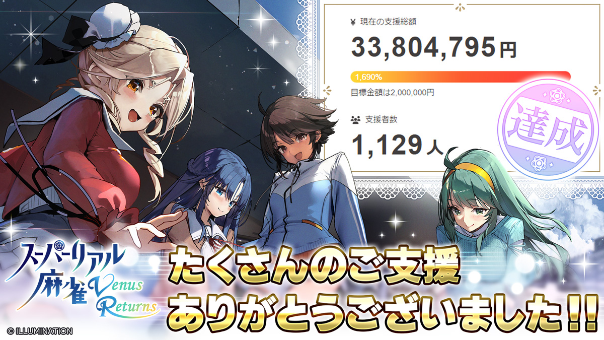 「スーパーリアル麻雀 Venus Returns」クラウドファンディングで3380万円達成！達成率1690%で終了